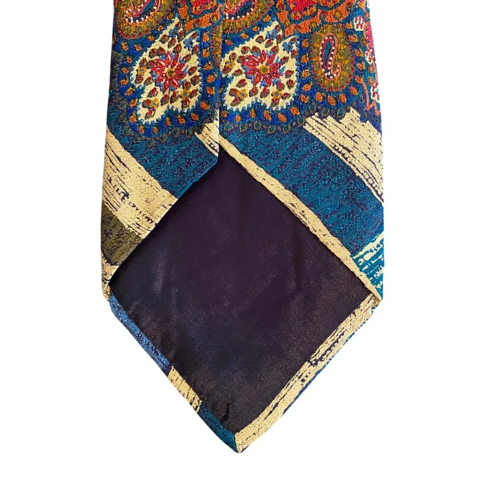 Balenciaga Paris Pour Homme Silk Tie Blue‎ Gold Paisley Abstract Geometric Italy